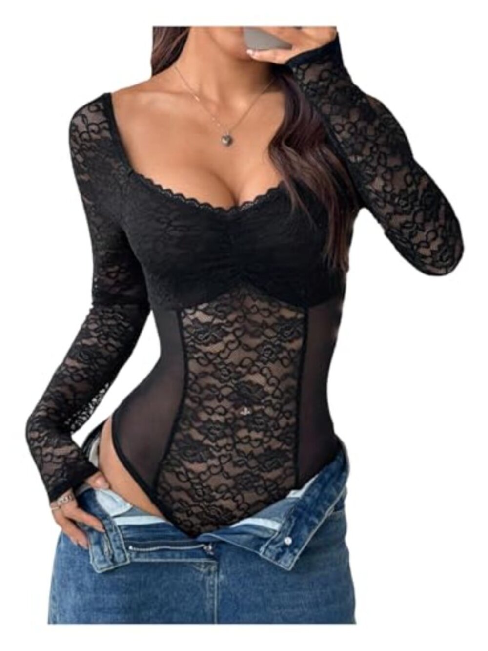 Long Sleeve Lace Bodysuit Sheer Mesh Corset Sweetheart Neck Slim Fit